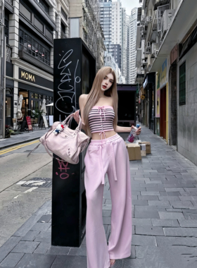 MSTOBALLET.粉红少女.美式辣妹小众粉色条纹吊带卫裤休闲套装礼服