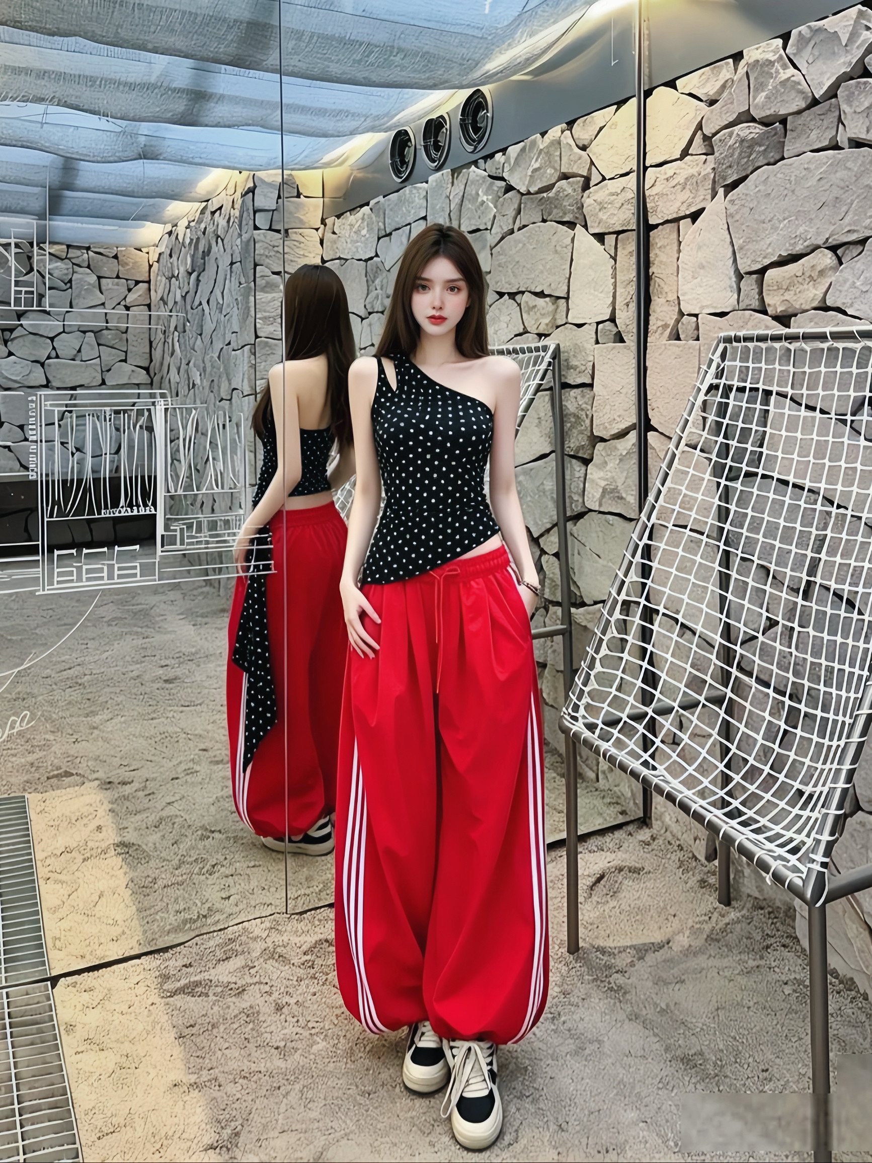 MSTO BALLET.红莓辣妹.斜肩吊带+红色阔腿运动裤休闲套装礼服