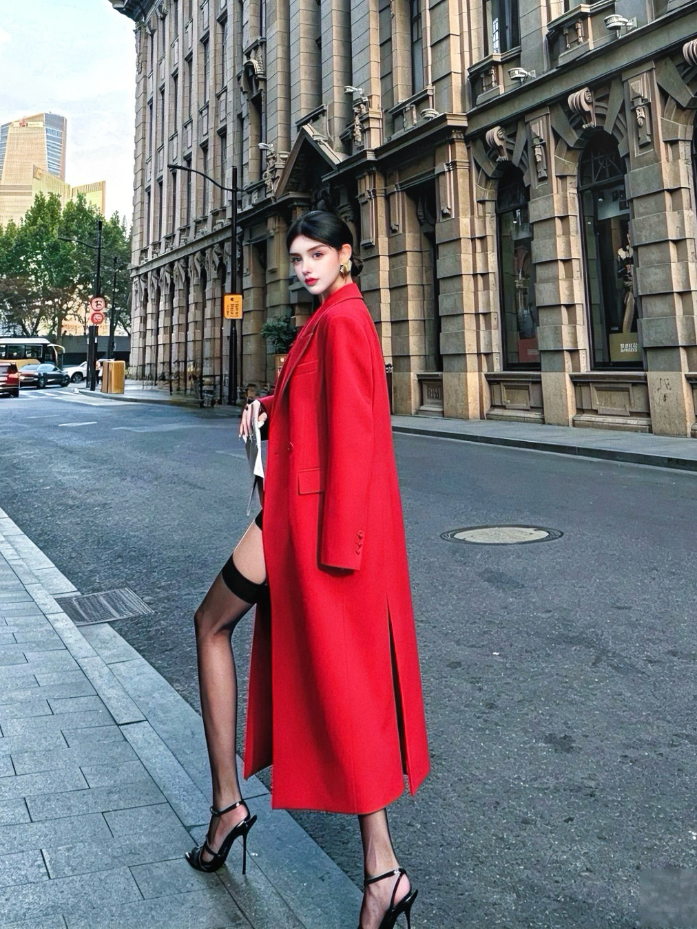 MSTOBALLET.红毯女主.千金感名媛红色长款风衣高级感外套西装大衣