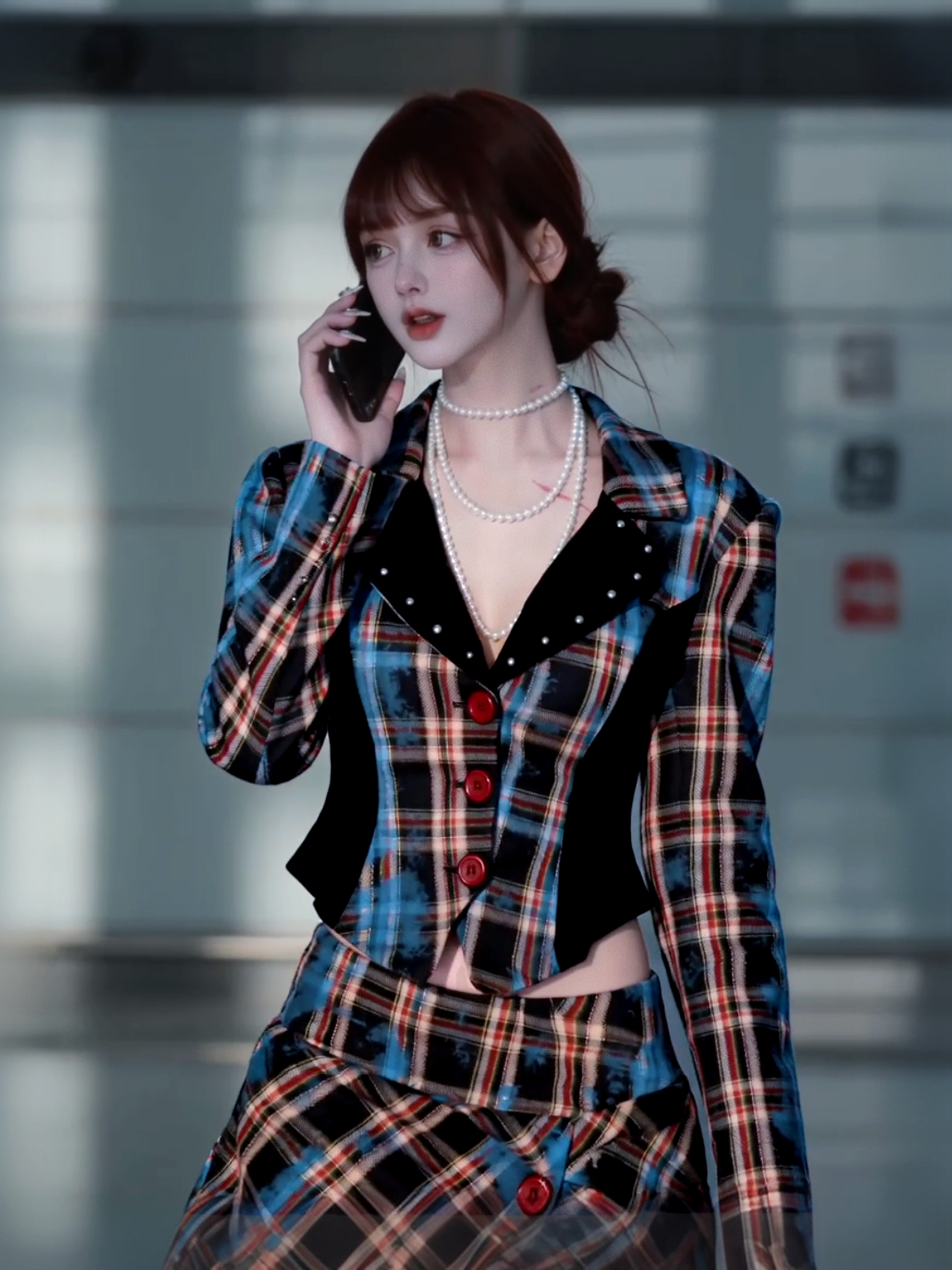 MSTO 韩剧女主穿搭·千金复古格纹西装外套轻礼服百褶短裙套装秋