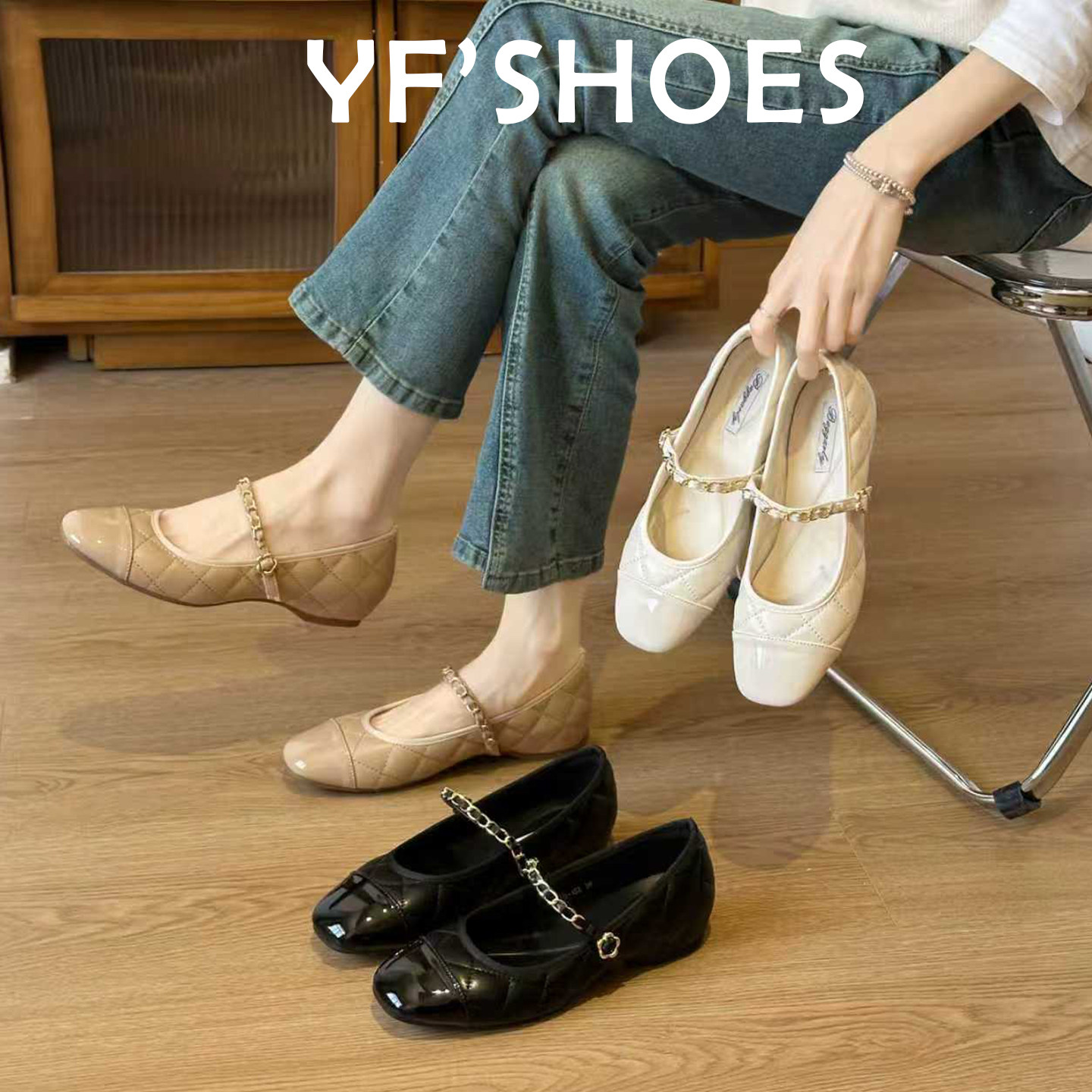 真皮法式玛丽珍鞋2026春季一字扣菱格小香风内增高平底绝美单鞋女