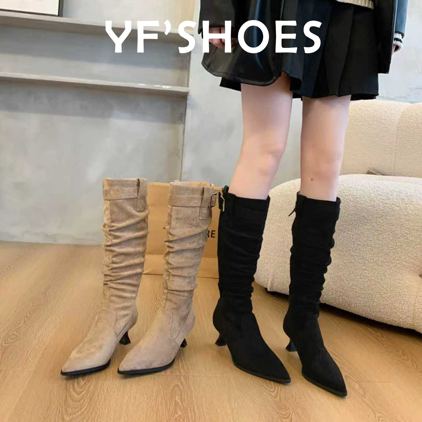 尖头细跟褶皱堆堆靴皮带扣