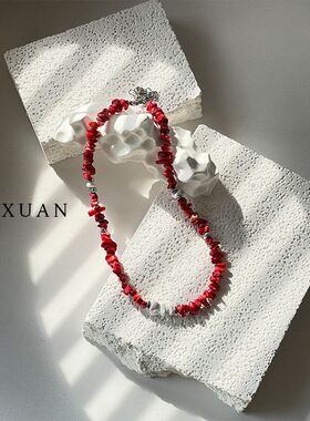 巴洛斯红色不规则天然石项链轻奢小众高级感百搭锁骨链原创设计
