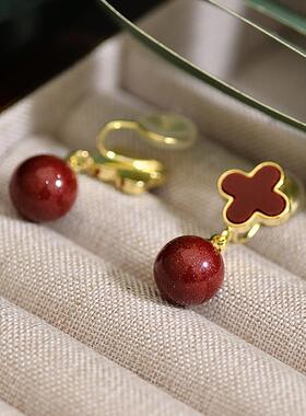 简约精致红色四叶草无耳洞耳夹朱砂喜庆蚊香盘耳坠奢华气质高级感