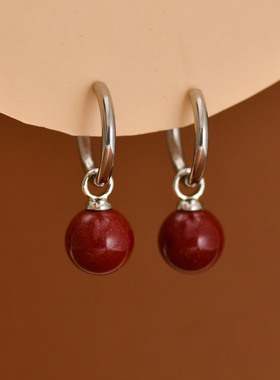 钛钢素圈两用紫金朱砂弹簧耳夹两用设计隐形无耳洞耳饰秋冬红色珠