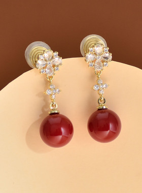 秋冬红色正圆珍珠蚊香盘耳夹复古个性锆石花朵无耳洞耳饰奢华气质