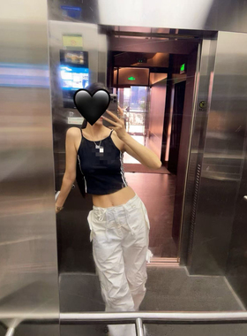 Muou.fashion美式复古辣妹风字母印花吊带背心女修身显瘦短款上衣