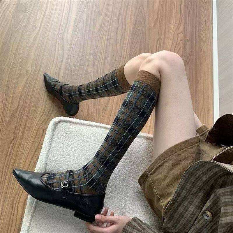 复古格纹显瘦摩登小腿袜子