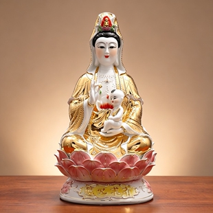 陶瓷求子观音菩萨坐莲家居送子观音供奉家用南海金身观世音摆件