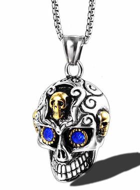 复古蓝眼睛骷髅头吊坠欧美钛钢饰品个性潮人欧美朋克风配饰项链男