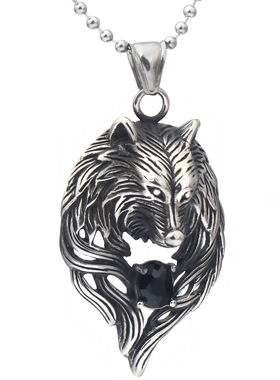 欧美Ins朋克风 潮男嘻哈霸气狼头镶钻个性钛钢吊坠项链 复古时尚
