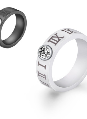 欧美跨境新款陶瓷罗马数字6MM戒指女士镶锆钻时尚戒指情侣对戒女