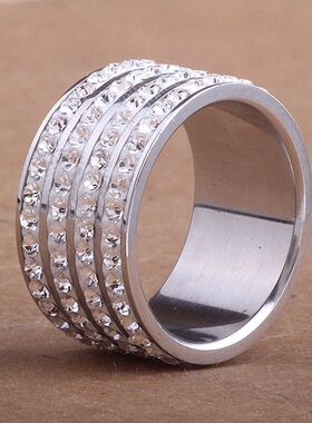 欧美跨境热卖时尚镶钻四排钻8MM304不锈钢戒指批发批发简约指环女