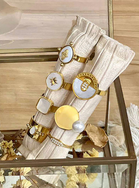 欧美网红贝壳珍珠芒星开口钛钢戒指不掉色小众设计简约百搭手饰女