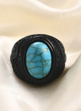 亚马逊Wish热卖欧美不锈钢个性复古宫廷绿松石裂纹钛钢戒指指环女