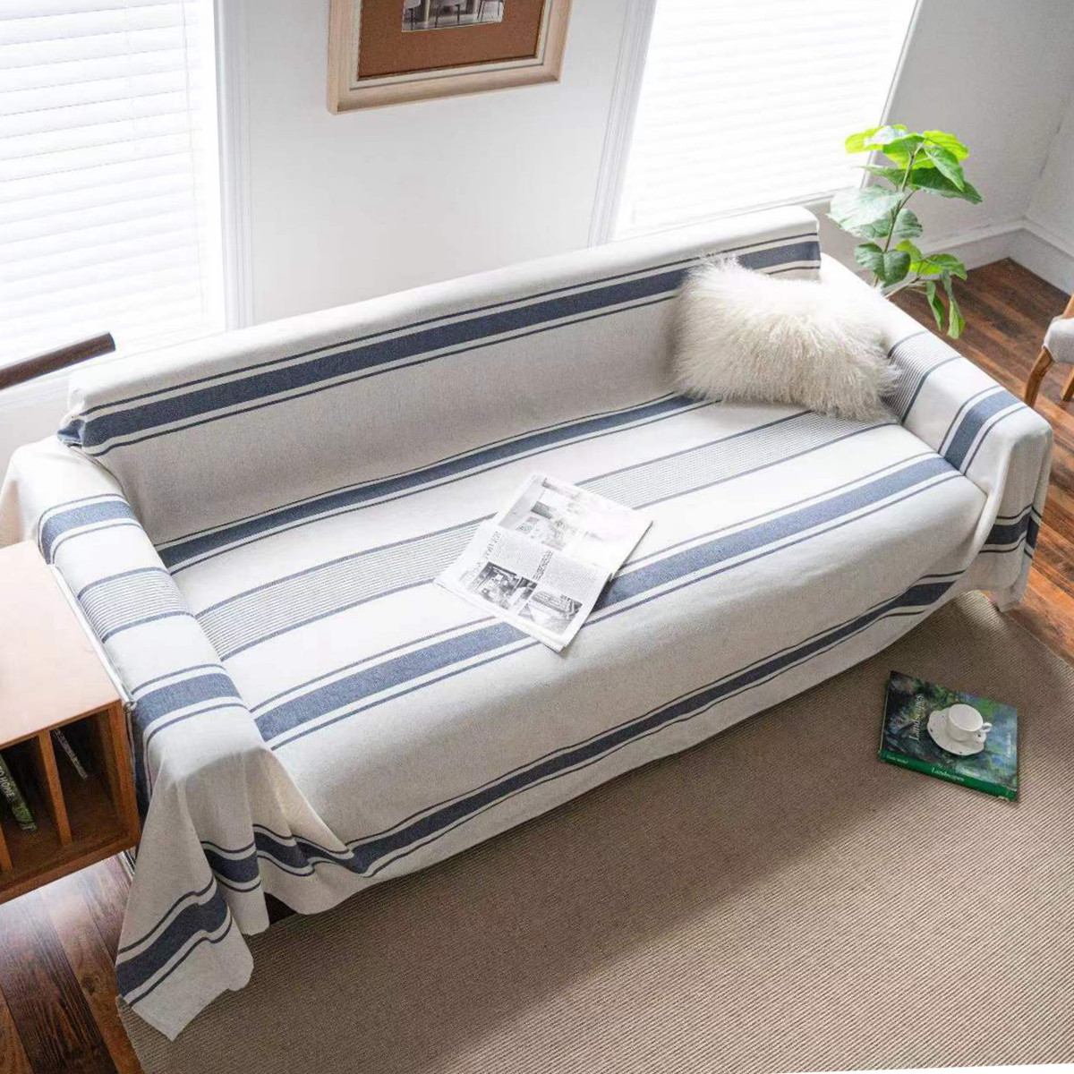 일본 단순 북유럽 작은 신선한 줄무늬 모조 면화와 린넨 모든 항목을 포함하는 소파 커버 천 장식 직물 피아노 커버 천