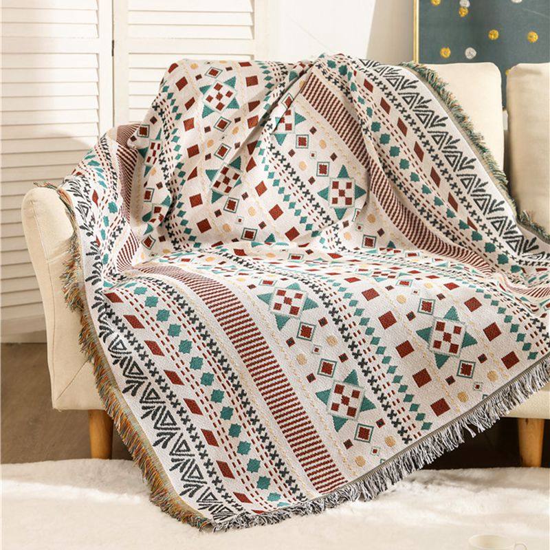 北欧田园棉麻风双面编织123全包沙发罩巾装饰流苏床尾盖毯桌布