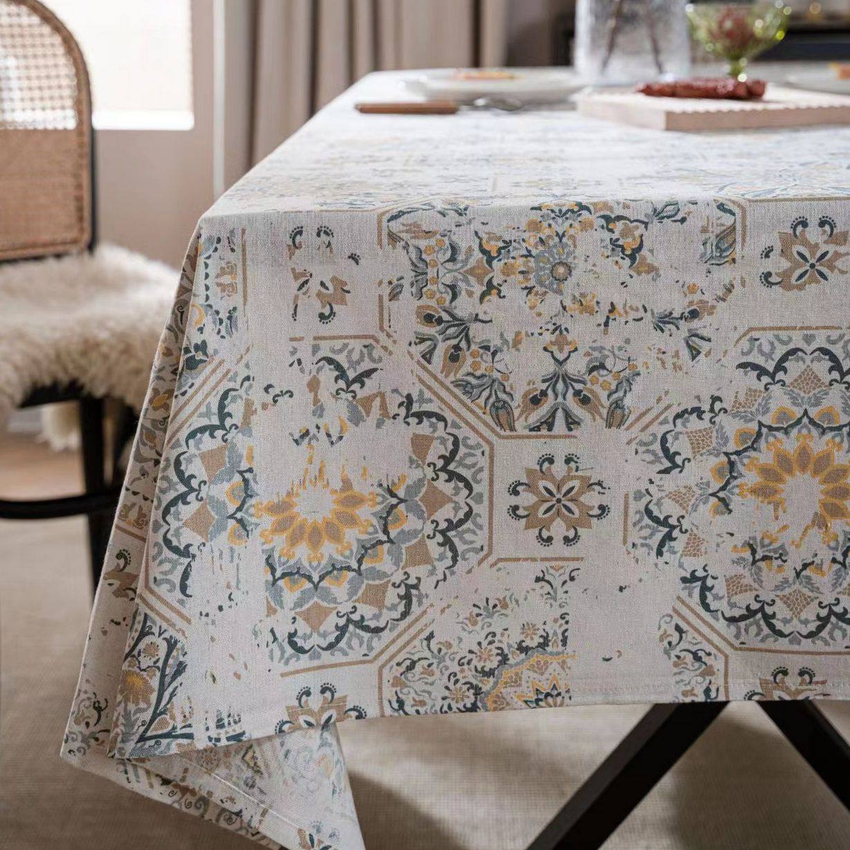 欧式摩洛哥波西米亚复古坯布印花棉麻风餐桌布茶几台布装饰背景布