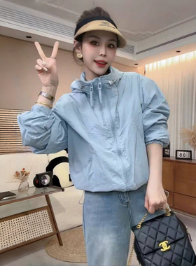 薄款防晒蓝色双拉链冲锋衣外套女2026春季新款小个子宽松休闲夹克