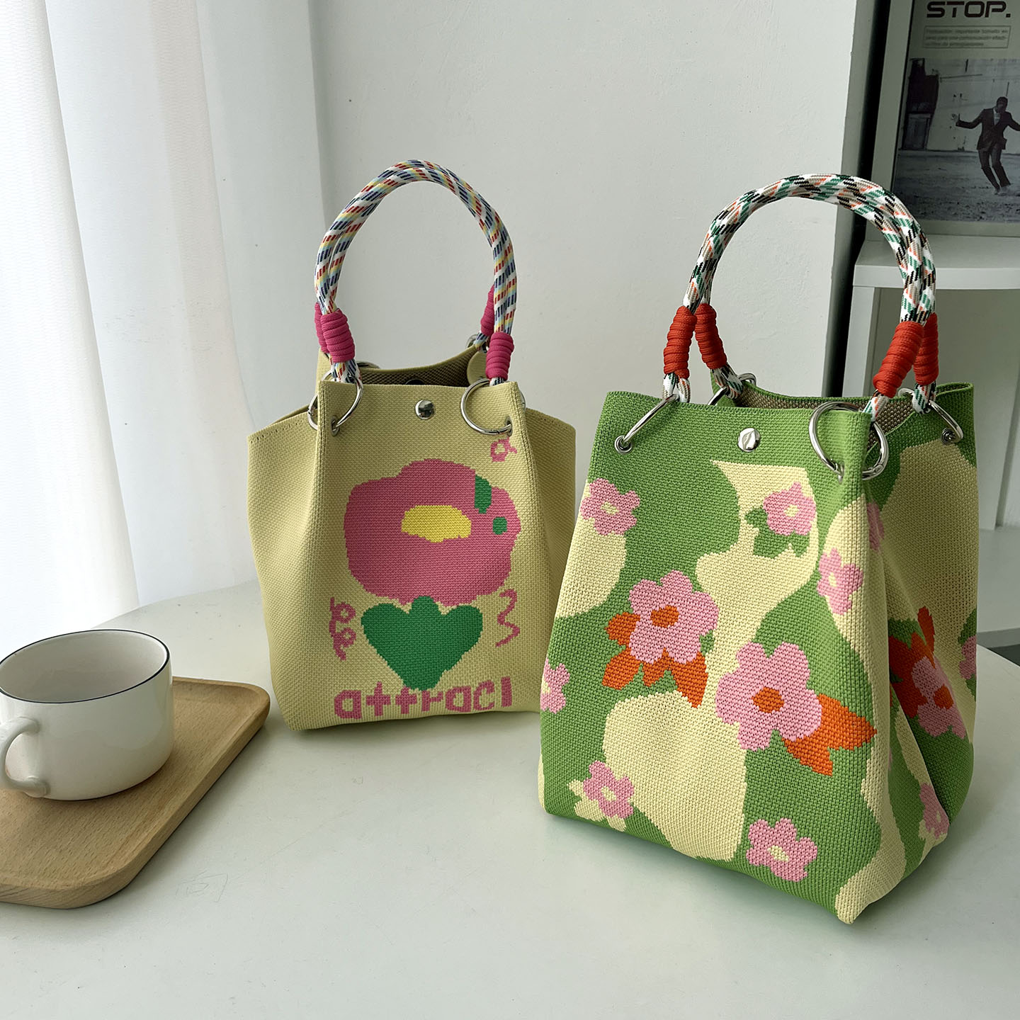 新款针织针织手拎包便携水桶包