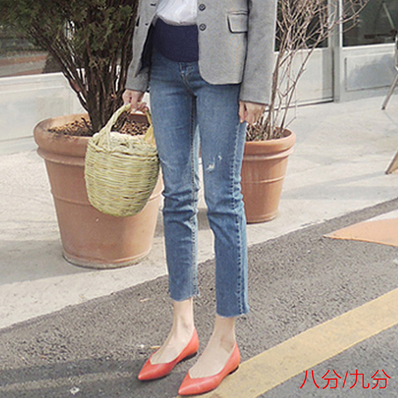 孕妇裤春夏薄款牛仔裤潮妈外穿毛边直筒大码小个子八分托腹裤子