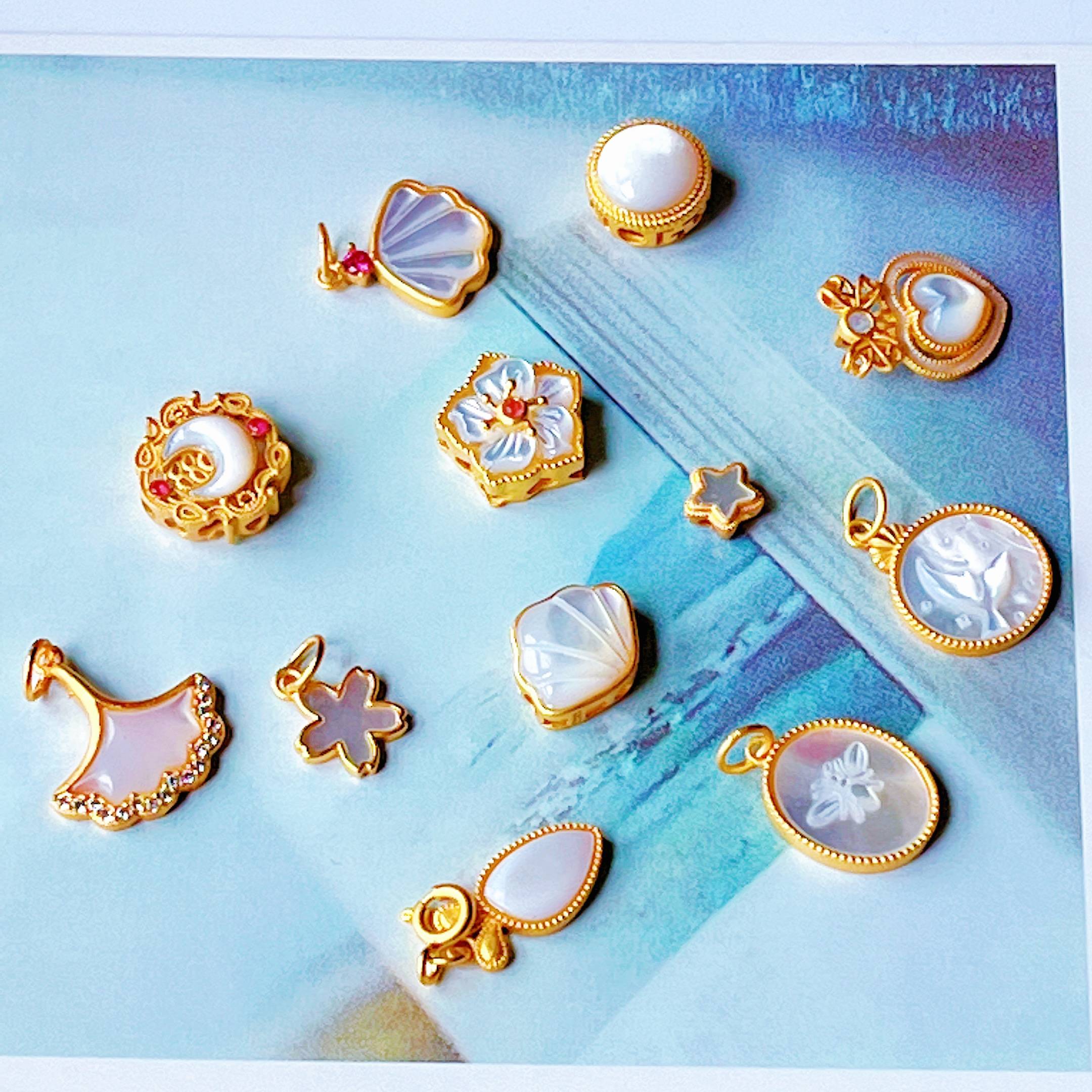 全新S925银镀金镶嵌天然月光贝配件diy手链项链吊坠纯银饰品手工