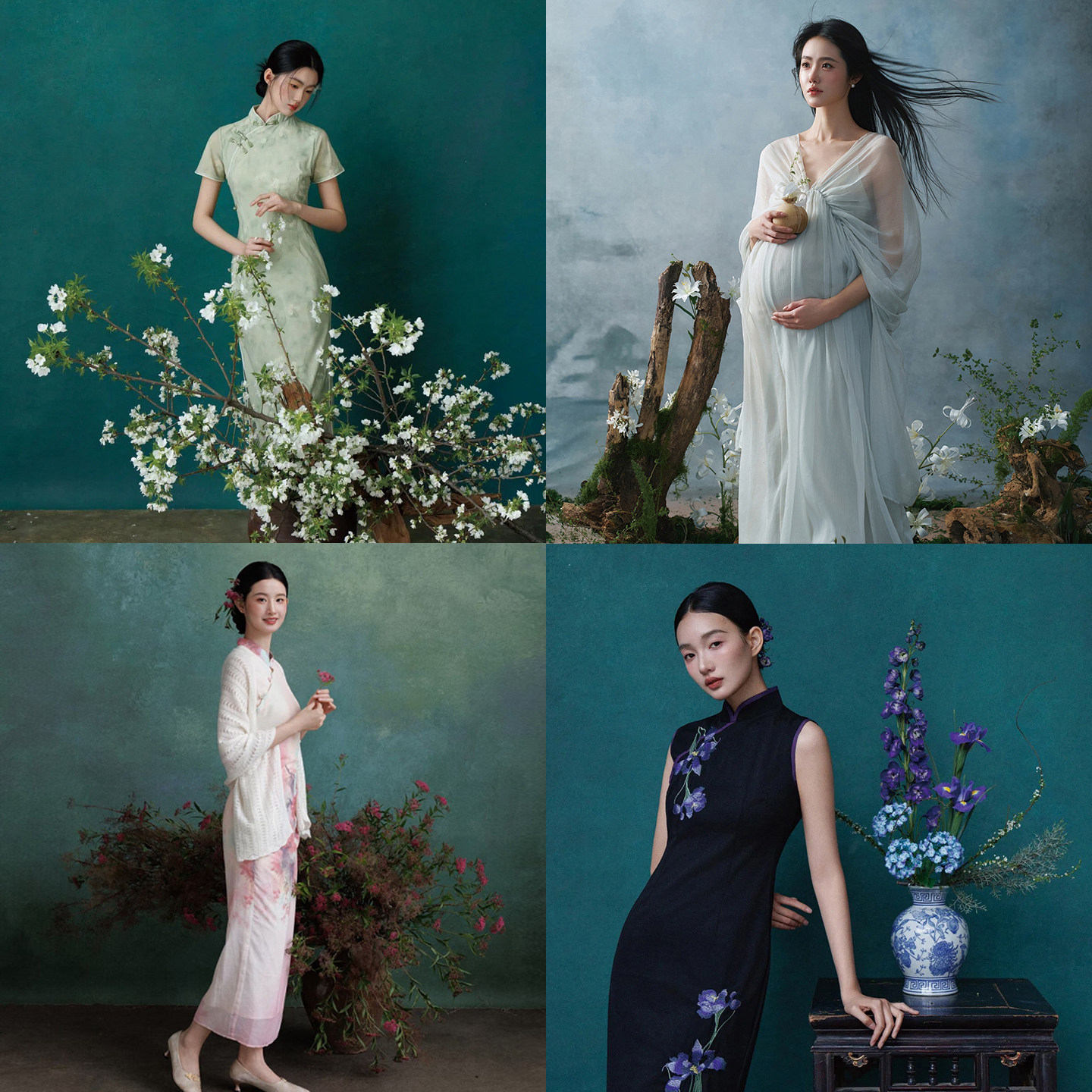 影楼国风旗袍少女写真绿色油画背景布室内孕妇写真蓝色拍照背景纸