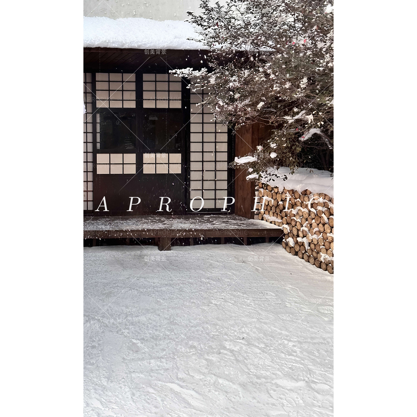 新款影楼冬天古风雪景拍照背景纸冬季汉服写真室内雪松木屋背景纸