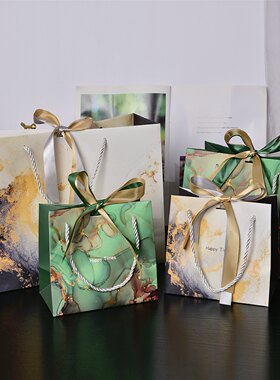 大理石纹手提礼品袋配丝带现货