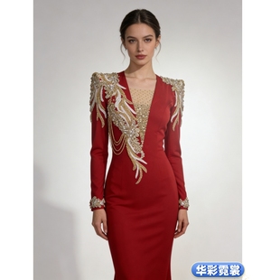 女士红色长袖中式手工缝钻包身长裙主持人晚宴晚会北京服装租赁