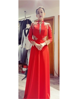 女士红色中式包身修身立领拖地缝钻主持人长袖晚宴宴会礼服租赁