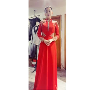 女士红色中式包身修身立领拖地缝钻主持人长袖晚宴宴会礼服租赁