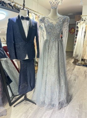 男士蓝色亮闪修身主持歌手晚宴成人礼舞台演出年会礼服新款