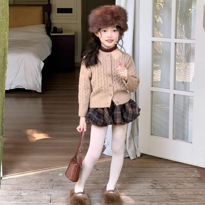 女童英伦风加厚麻花针织开衫