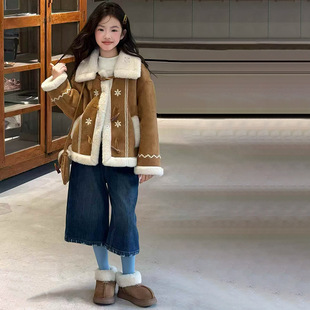 GLP KISS韩系女童巴恩风皮毛一体中大童加厚鹿皮绒外套带包包潮
