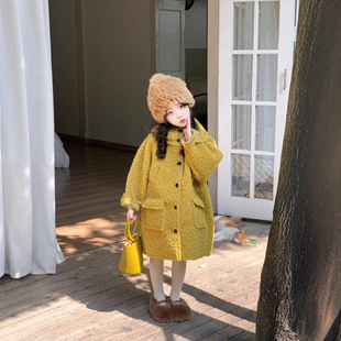 GLP KISS女童中长款羊羔绒大衣冬款新中长款一体绒连帽毛毛衣外套