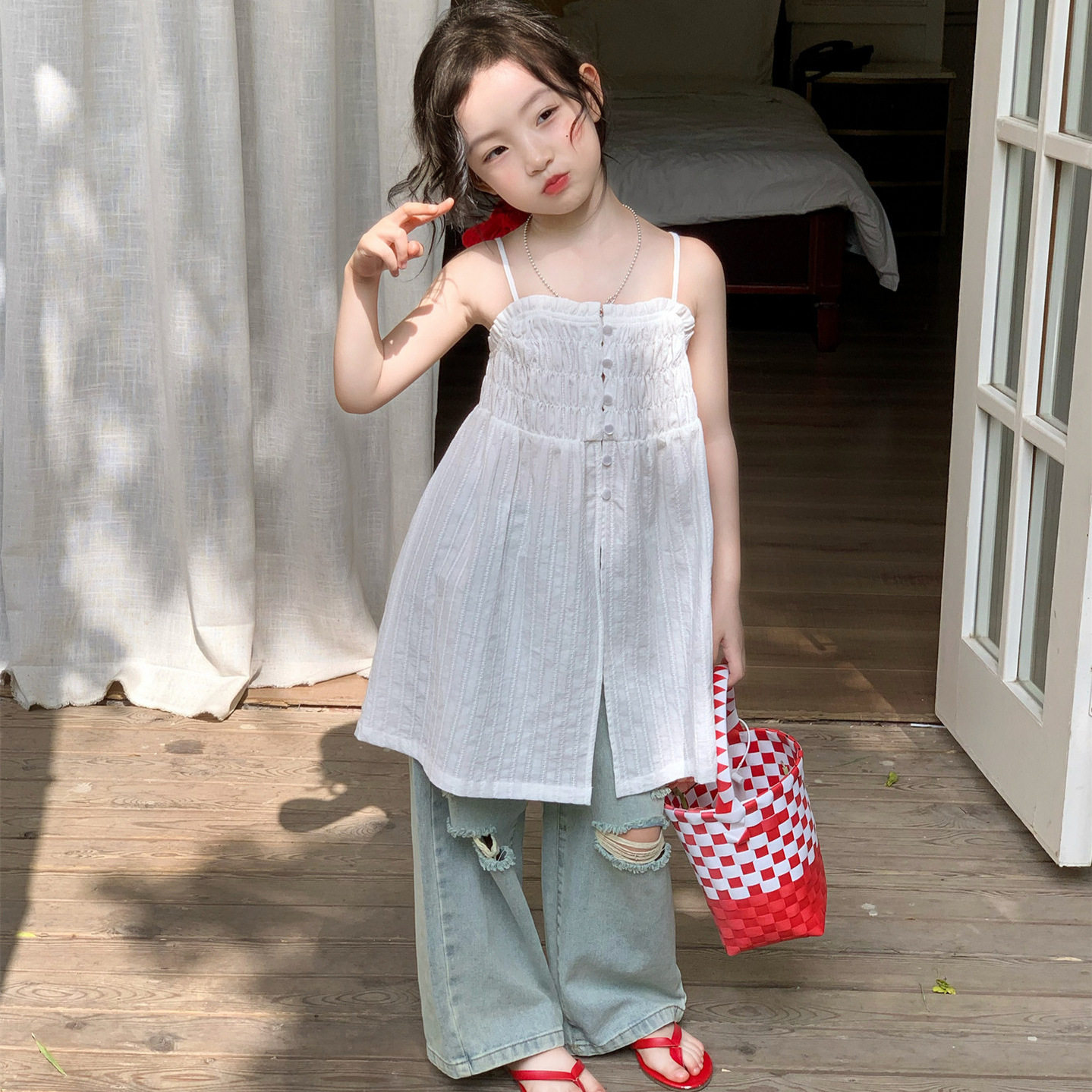 GLP KISS韩系童装26春夏女童宝宝度假风吊带连衣裙上衣破洞牛仔裤