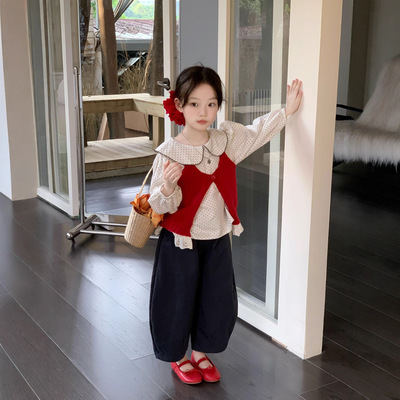 女童洋气毛线马甲大翻领娃娃衫套
