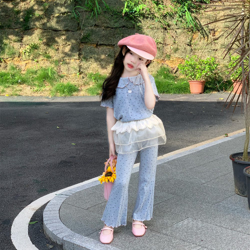韩系女童夏小碎花翻领T恤喇叭裤