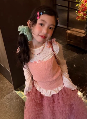 GLP KISS韩系童装26春夏女童洋气针织吊带上衣叠穿碎花修身打底衫