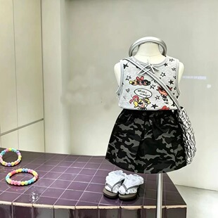 GLP KISS韩系童装26夏女童宝宝卡通无袖T恤背心时髦休闲迷彩短裙