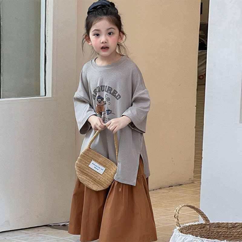 GLP KISS韩系童装26春季女童森系宽松卡通短袖T恤棉质半身裙长裙