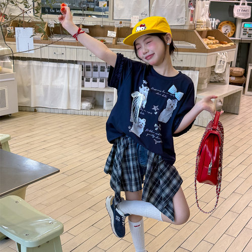 女童格子屁帘裙牛仔短裤