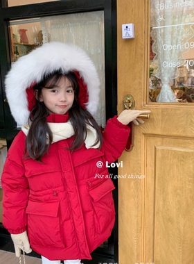 L家2022冬季新年女童喜庆红色真狐狸毛领连帽口袋羽绒服90白鸭绒