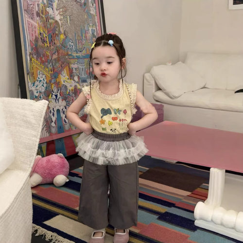 韩系女童夏季网纱木耳边背心