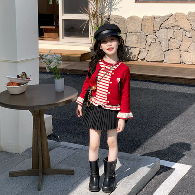 女童英伦条纹假两件开衫T恤