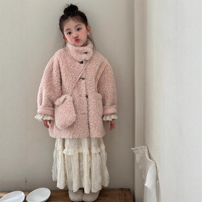 女童韩范带背包毛毛大衣