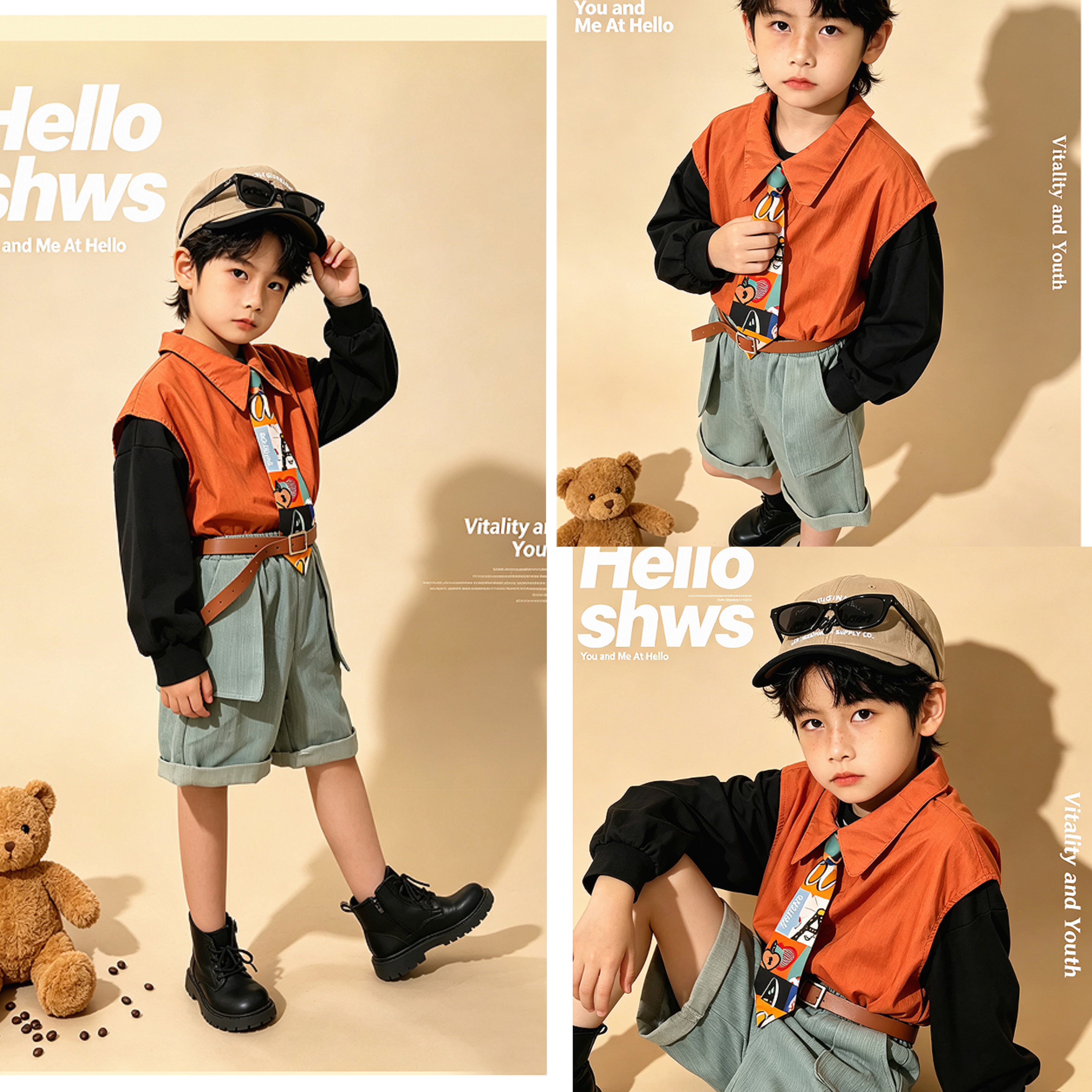 新款儿童摄影服装影楼拍照写真潮服男童潮酷嘻哈宽松工装裤套装