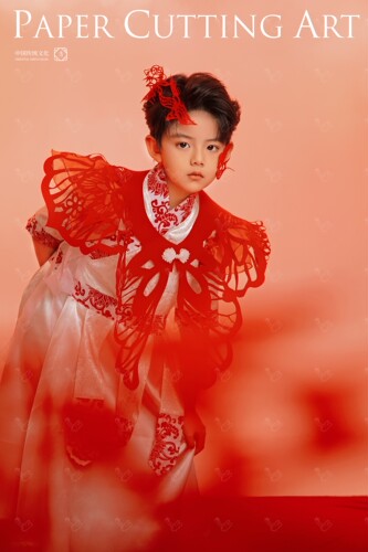摄影服装剪纸中国红中国风国潮主持模特走秀儿童表演演出古装汉服