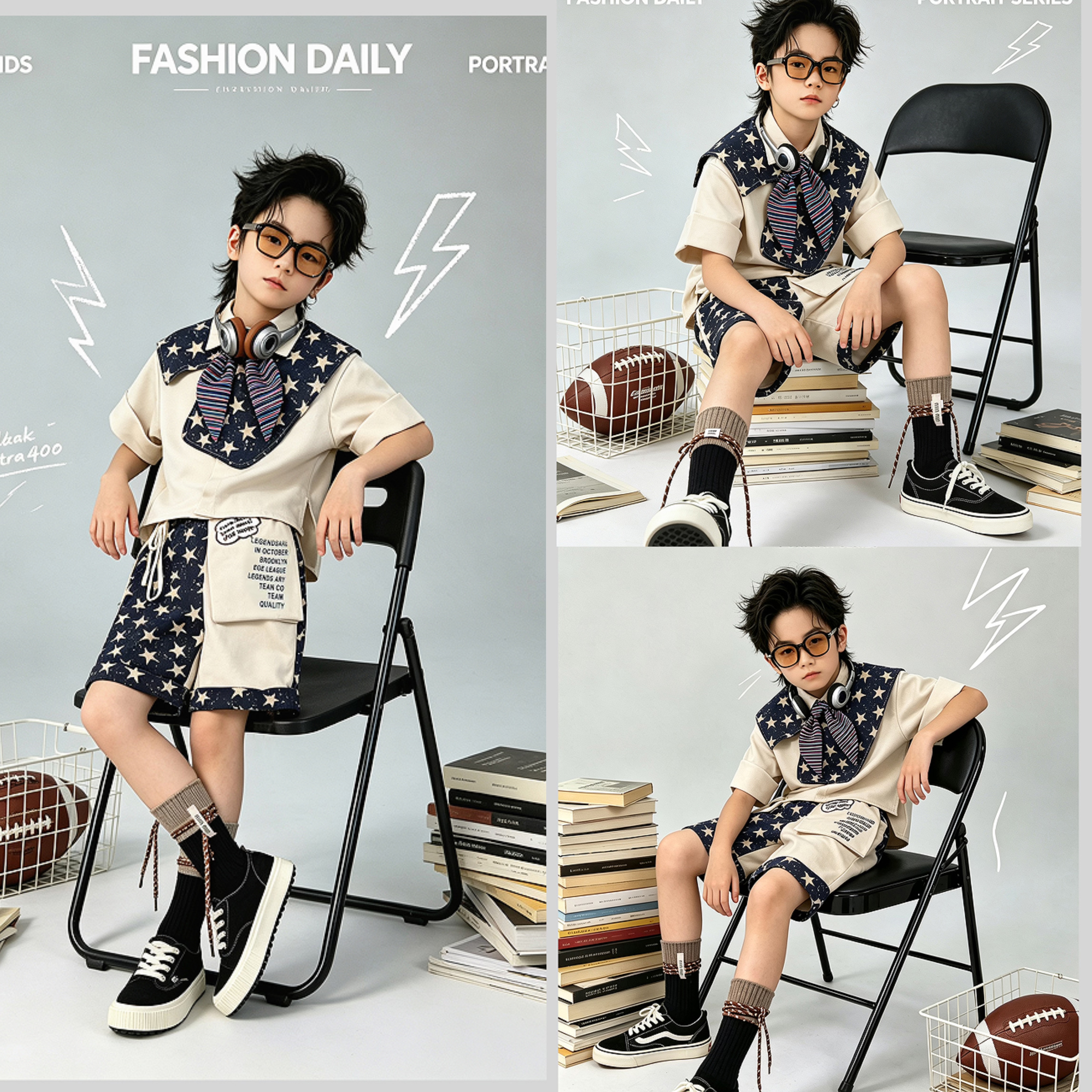 新款儿童摄影服影楼拍照写男童潮服嘻哈宽松工装套装学院英伦韩版